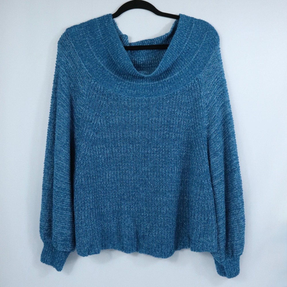 Free People Blue Off the Shoulder Sweater Knit Balloon Sleeve Size Medium